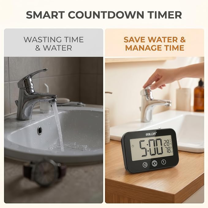 Digital LCD Waterproof Timer Shower Clock, Waterproof for Water Spray, Bathroom Clock Wall Mount, Two Suction Cup, Displays Time, Temperature, and Indoor Relative Humidity (1, Black)