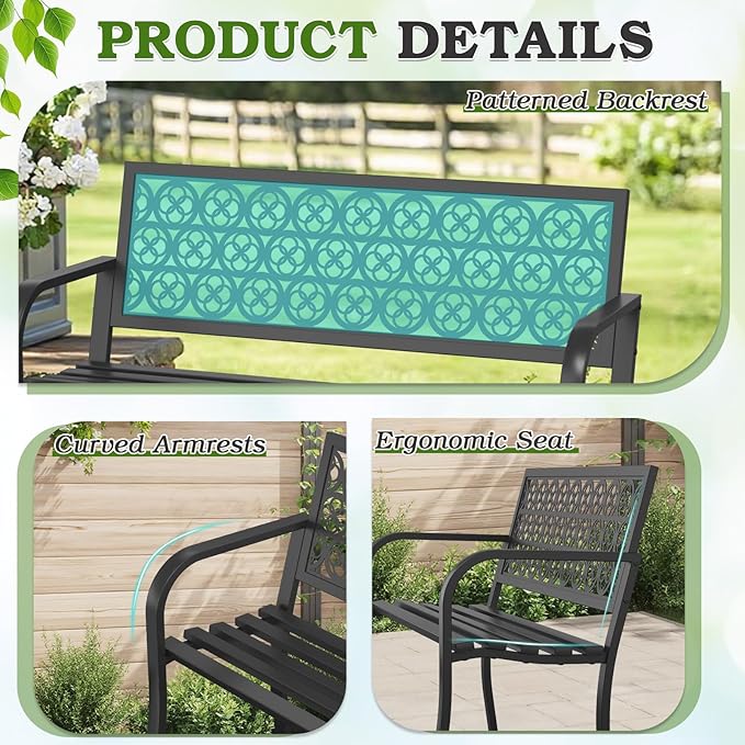 Outdoor Bench with Clover Back, Heavy-Duty Metal Frame Graden Bench, Weatherproof Patio Park Bench for Front Porch, Park, Yard, Patio