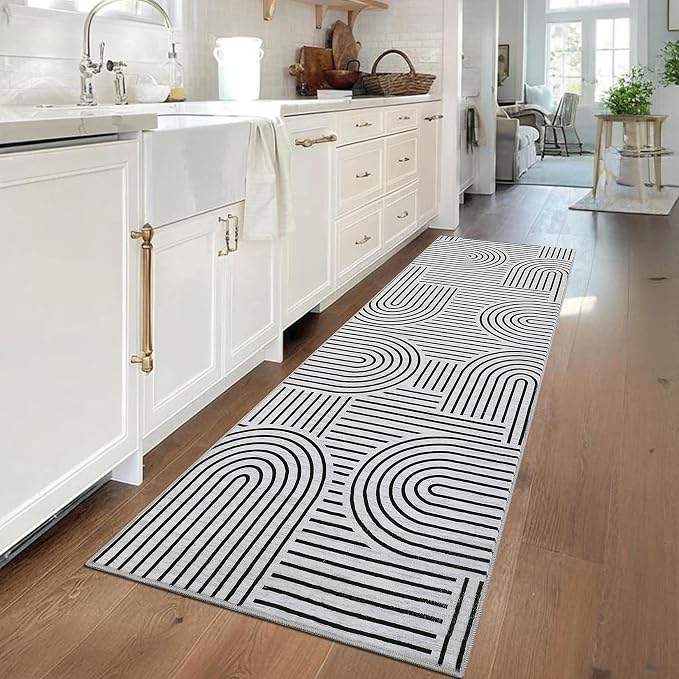 ROYHOME Modern 2x6 Hallway Runner Rug Non Slip Soft Kitchen Rug Blackwhite | Abstract Washable Mat, Rainbow Geometric Runners Rugs for Bedroom, Long Rugs for Entryway Arch Pattern Bathroom Laundry Dorm