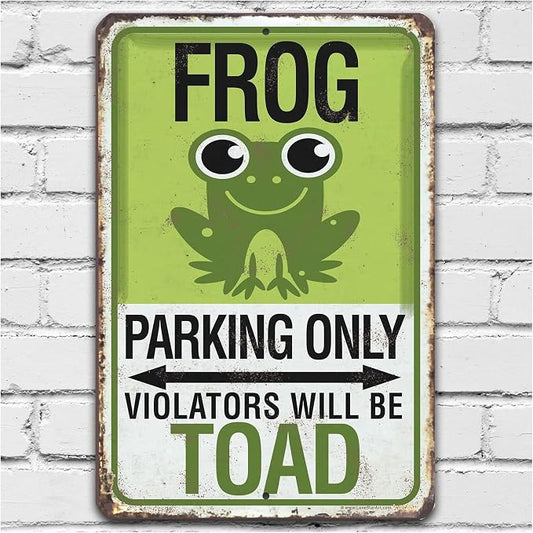 Frog Parking Sign - Great Garage Decor and Funny Bathroom Signs, Garden and Yard Decoration, Great Housewarming Frog Gifts, 12x18 Indoors or Outdoors Durable Rustic Metal Sign