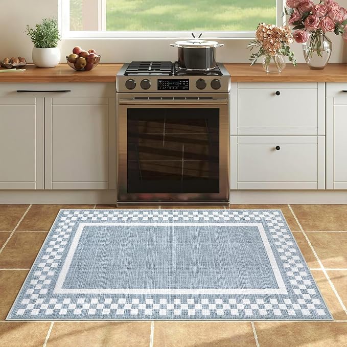 GarveeHome Small Washable Area Rug 2x3 Modern Checkered Entry Bedroom Rug | Solid Color Scalloped Kitchen Rugs Non Slip Stain Resistant Bordered Throw Carpet for Living Room Nursery Laundry, Blue