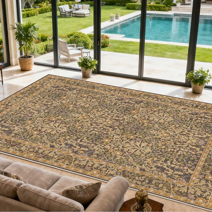 9x12 Washable Area Rugs for Living Room, Stain Resistant Vintage Rugs for Dining Room Under Kitchen Table, Bedroom, Floral Low Pile Non-Slip Large Carpet (9 x 12 Goldenrod)