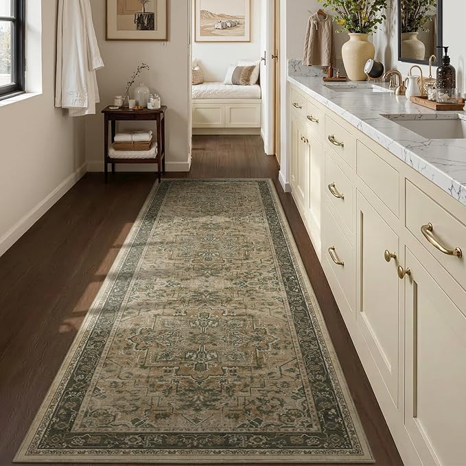 Medallion 3x7 Hallway Runner Rug, Washable Non Slip Runners for Kitchen Floor, Low Pile Thin Distressed Vintage Runner Carpet for Entryway/Mudroom/Foyer/Bathroom/Bedroom, Multi Brown/Olive