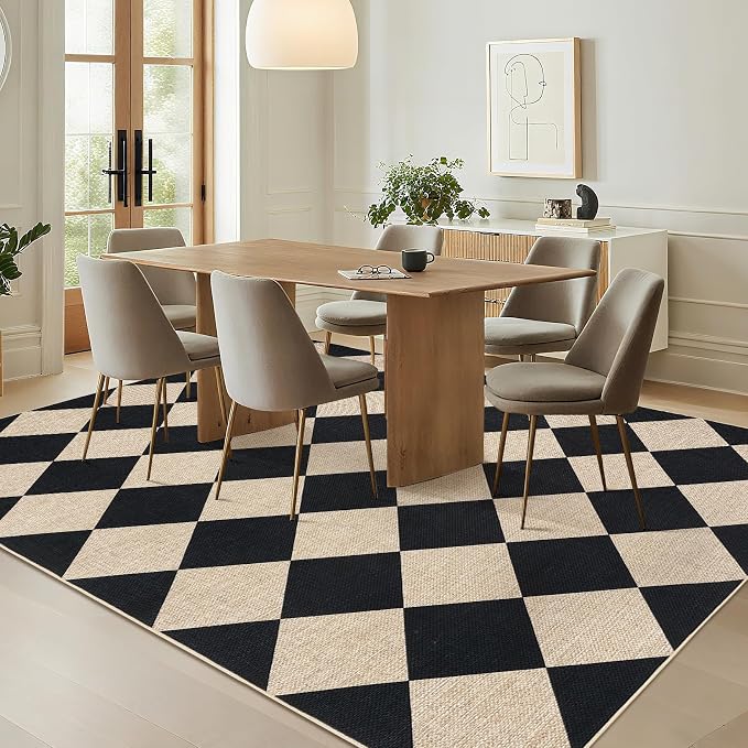GarveeHome Checkered Easy Jute 5x7 Area Rugs for Living Room Black | Machine Washable Non-Slip Backing Stain Resistant Modern Indoor Outdoor Rugs for Farmhouse Dining Room Patio