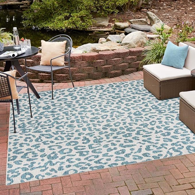 Unique Loom Outdoor Safari Collection Area Rug - Leopard (13' Square, Teal/ Ivory)