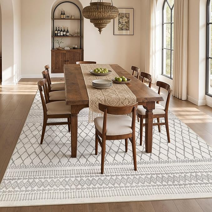 cotiled Boho 10x12 Area Rug for Living Room: Large Moroccan Washable Rug | Solve Modern Neutral Trendy Home Decor - Stain Resistan Carpet for Bedroom Farmhouse Beige Gray