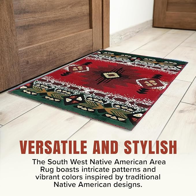 YHSF South West Native American Area Rug C318 - Easy Clean, Thick, Soft, Durable Native Tribal American Indian Inspired Rug for Bedroom/Living Room and More - Red, 8 Feet x 10 Feet