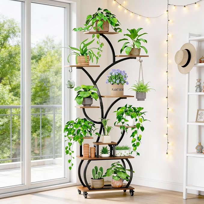 Plant Stand with Grow Lights 2-Pack, 61" Tall Indoor Plant Shelf with Multi-Color Full Spectrum LED Lights and 360° Lockable Wheels, 10-Tier Tree-Shaped Decorative Plant Rack Set of 2, for Living Room, Balcony & Office, Black and Brown