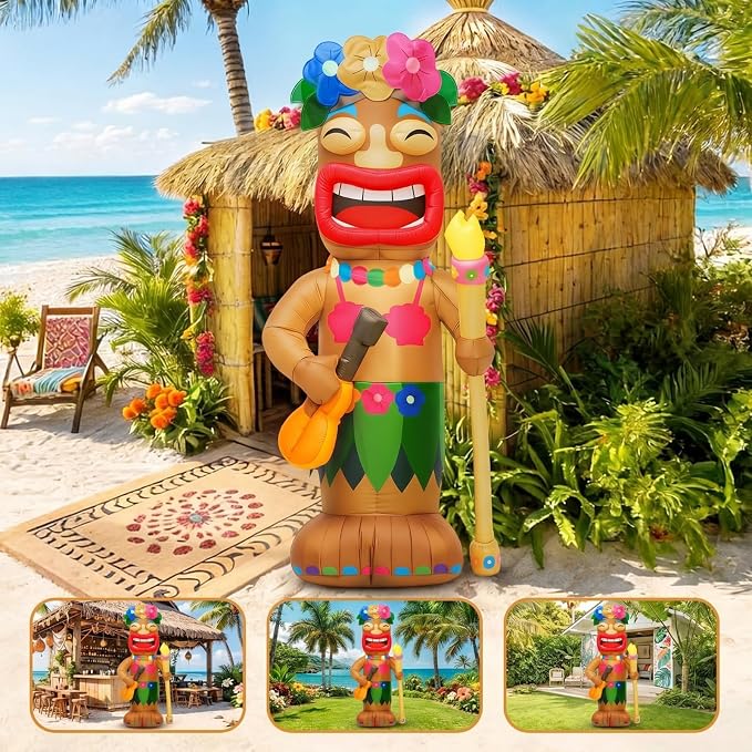 Shappy 5ft Inflatable Tiki Guitar Lighted Blowup Hawaiian Pool Party Decor | Luau Tropical Inflatables Giant Outdoor LED Tiki Blow up Aloha Bar Beach Summer Pool Surfing Party Decorations