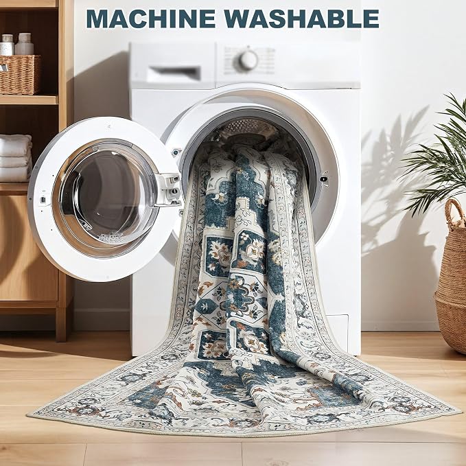 Washable Area Rug-10X14 Vintage Neutral Soft Vintage Blue | Non Slip Thin Foldable Large Floor Carpet for Living Room Bedroom Kitchen Dining Room Home Office Farmhouse Indoor