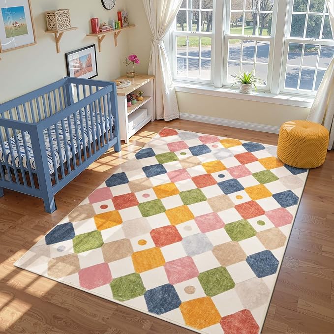 jinchan 6x9 Classroom Rug Washable Kids Area Rug Colorful Playroom Mat | Soft, Non-Slip, Cute, Kid-Friendly, Checkered Diamond Design, Cream Background, Nursery, Living Room, Bedroom, Dorm, Daycare