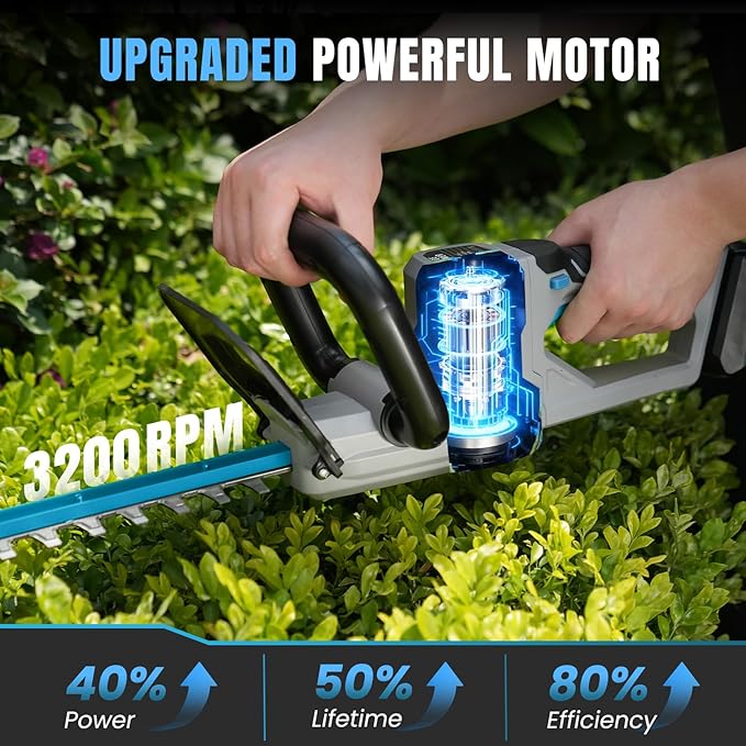 Hedge Trimmer Cordless 22" - 21V Powerful Electric Hedge Trimmer with 2 x 2.0Ah Batteries and Fast Charger, Easy to Use, 3200RPM Lightweight Battery Powered Bush Trimmers for Garden, Yard Care, GT860