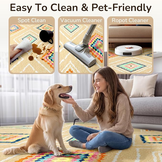 Area Rug 5x7 Rug Machine Washable Non-Slip Low Pile Print Pattern Western Rug for Living Room Bedroom Entryway Tribal Series -Cream/Beige | Soft Western No Slip Low Pile Print Foldable Indoor for Kitchen Dining Room