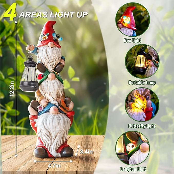 twinbling 12 in Garden Gnome Statue with Solar Lights Birthday Gift for Mom Woman Grandma Garden Sculptures Funny Triple Gnome Outdoor Patio Lawn Yard Balcony Home Decor