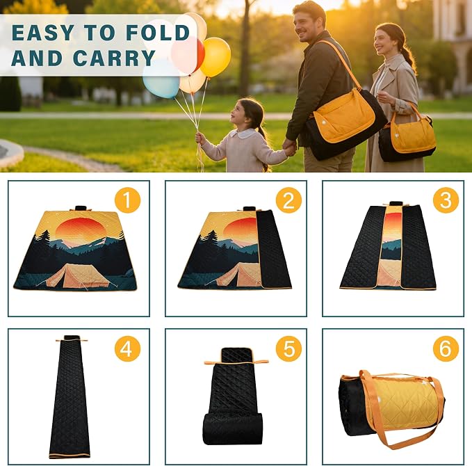 Tirrinia Picnic Blanket Waterproof, 70"x80" Extra Large Outdoor Blanket Waterproof, 3-Layer Foldable Picnic Mat with Sandproof Backing for Beach, Camping, Hiking, Park, Travel