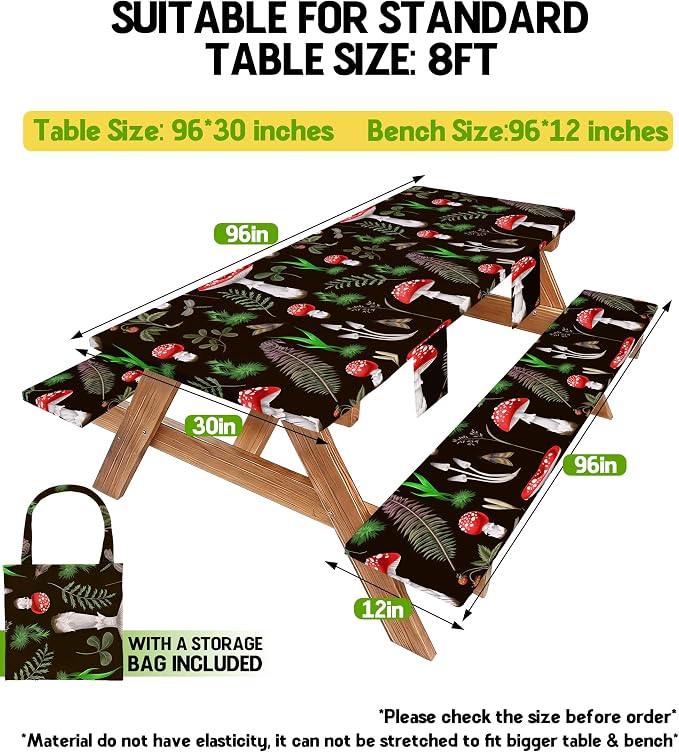 Fitted Picnic Table Cover with Bench Covers Vinyl Waterproof Elastic Edges Fitted Rectangle Table Cloth Patio Tablecloth Camping Essentials Rv Gear Accessories Road Trip Supplies Car Travel Must Have