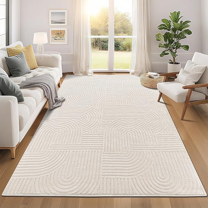 Pauwer 6x9 Area Rugs for Living Room, Modern Non Slip Washable Rug, Beige | Arch Pattern, Soft Fluffy, Neutral, Boho Accent, Solid Color Floor Carpet, For Kids Room Dining Room Nursery Entryway