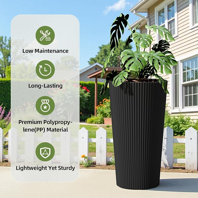 23.6" H Tall Planters for Outdoor Plants Set of 2 - Fluted Large Outdoor Planters for Front Porch Decor with Drainage Hole, Plastic Round Conical Flower Pots Fits Indoor Plants Patio, Black
