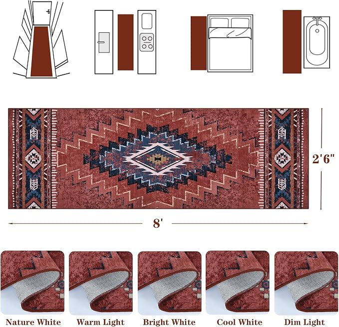 Yinhua 2x8 Runner Rug Non Slip, Western Washable Runner Rugs for Kitchen | Rust Aztec Long Hallyway Runners Rug Low-Pile, Soft Fall Carpet for Bedside Bathroom Entryway