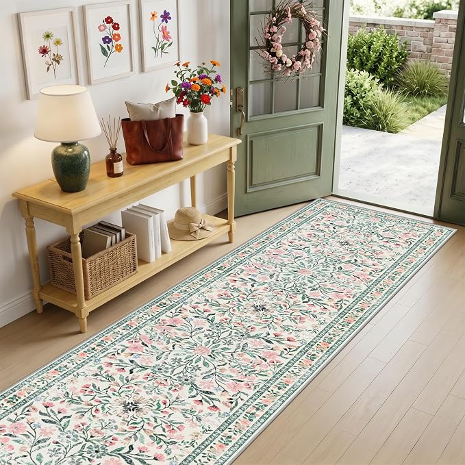 PLHXFR 3x10 Washable Runner Rug：Floral Indoor Kitchen Carpet Green Beige | For Hallway Bedroom Kitchen Laundry Bathroom Dorm,Vintage Floral,Machine washable,Non Slip,Stain Resistant,Indoor Floor
