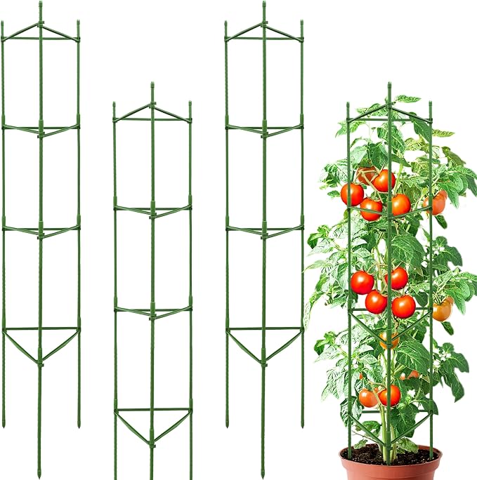 63-Inch Heavy Duty Tomato Cages, 4-Pack Extra Tall Metal Tomato Trellis, Steel Tube Plant Cage for Indeterminate Tomatoes, Cucumbers, Pole Beans – Rust-Proof Coated