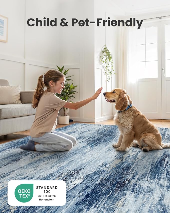 AMADA HOMEFURNISHING 5x7 Area Rugs for Living Room, Modern Abstract Washable Rug Neutral Soft with Non-Slip Backing & Low Pile Kids Rug for Resistant, Bedroom, Nursery Home Office, Blue