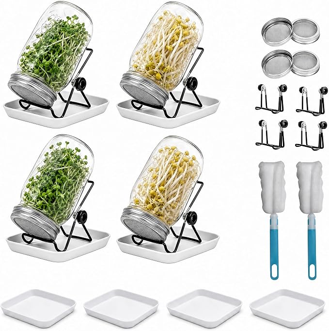 4 Pack Wide Mouth Sprouting Jar Kit, Lids, Stands, Trays & Cleaning Brushes | Glass Jar Set with with Stainless Steel Strainer Lids, Stand & Drip Tray (Seeds Not Included) – Easy to Rinse & Drain