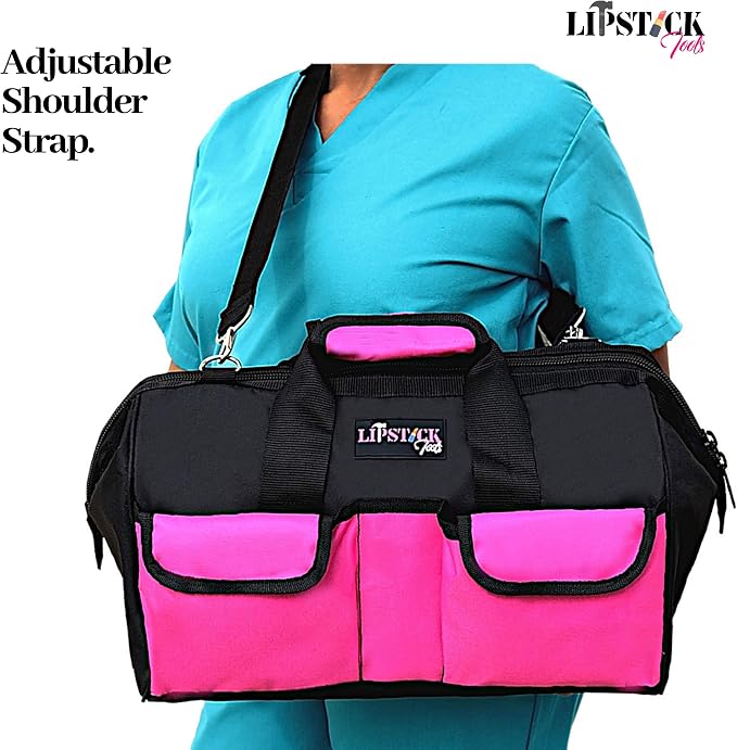 18-Inch Multi-Purpose Zip-Top Pink Storage Wide Mouth Tool Bag Organizer. Great for Home Improvement/Contractors Tools. Heavy Duty Storage Pockets and Shoulder Strap.