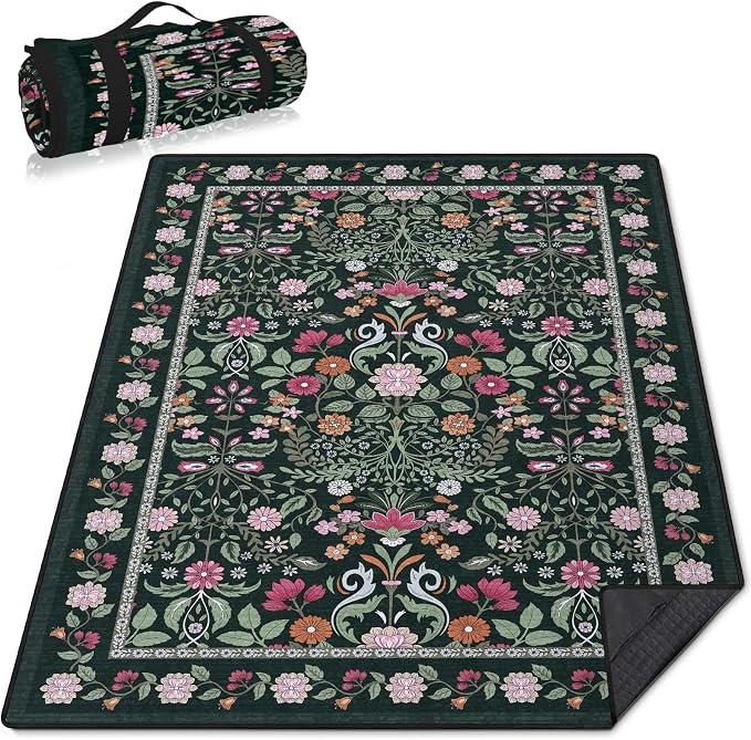 Floral Picnic Blankets Waterproof Foldable, 60″X80″ Packable Picnic Mat Boho Outdoor Blanket for Grass, Large Beach Blanket Sandproof Picnic Accessories for Camping Music Festival Park Lawn Travel