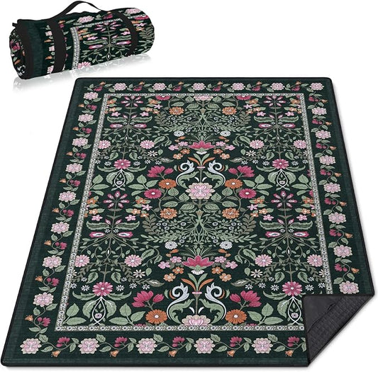 Floral Picnic Blankets Waterproof Foldable, 60″X80″ Packable Picnic Mat Boho Outdoor Blanket for Grass, Large Beach Blanket Sandproof Picnic Accessories for Camping Music Festival Park Lawn Travel