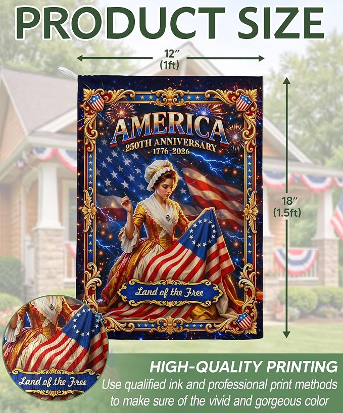 250 Years America Garden Flag, 250th Anniversary Usa Flag, American 250th Anniversary Patriotic Design, Garden Flags For Outside, Land of The Free 7 (12x18 Inch)