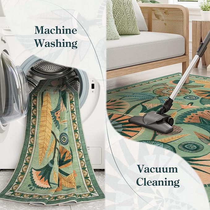 Zealude 5x7 Floral Rug, Green Rug for Living Room, Washable Low Pile Bedroom Rugs, Non Slip Throw Rugs with Rubber Backing, Soft Carpet for Dining Room Home Office Playroom