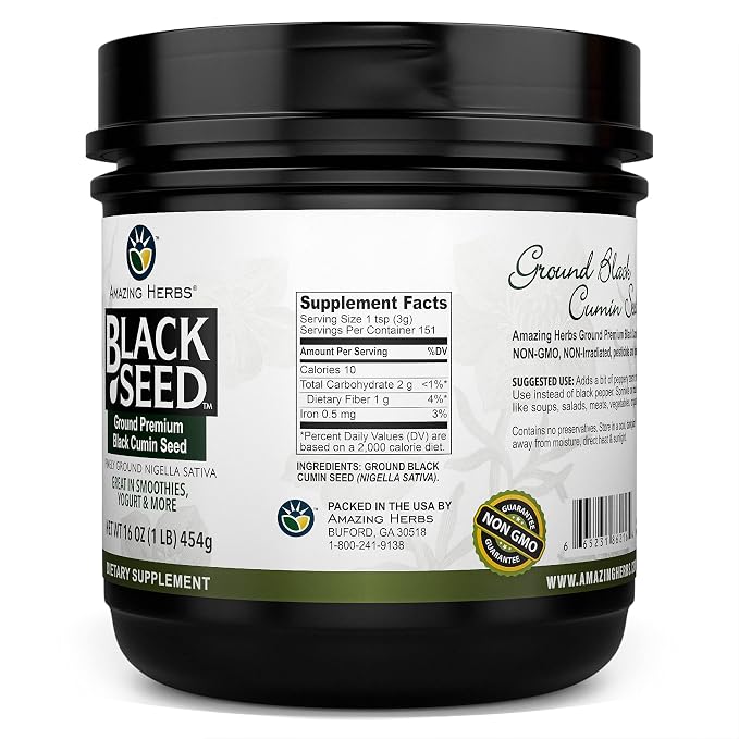 Amazing Herbs Premium Ground Black Cumin Seeds - Finely Ground Nigella Sativa, Gluten Free, Non GMO, Supports Cardiovascular Function & Preserves Digestive Health - 16 Oz