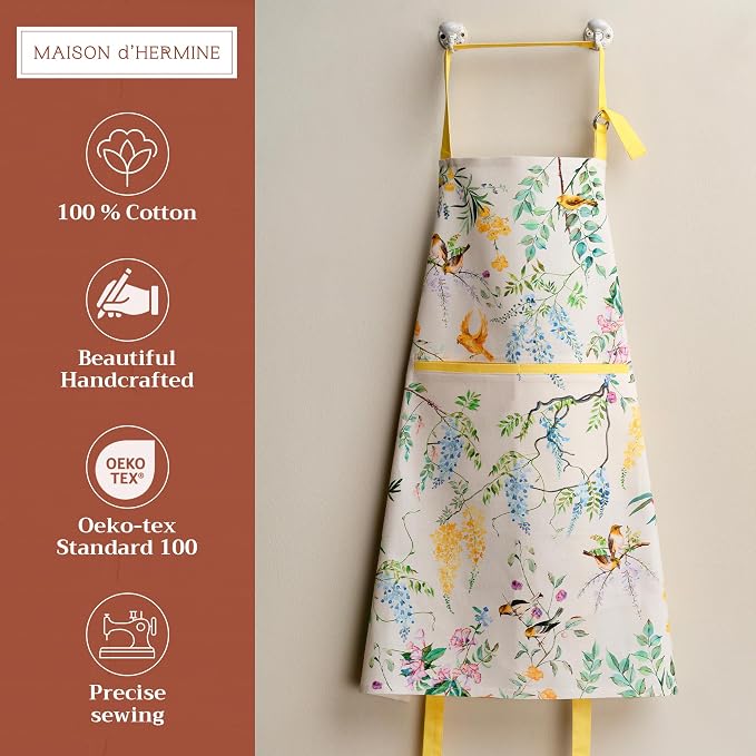 Maison d' Hermine Aprons for women with Pocket 100% Cotton (27.50"x31.50") | Adjustable Neck Strap & long ties Apron Men Chef Wedding Cooking Gardening Server Maid