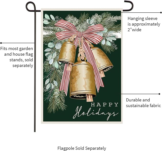 Evergreen Flag Golden Bells Garden Flag 12x18 Double Sided for Outside | Christmas Outdoor Applique Flag | Holiday Decoration For Home, Yards and Gardensrdens