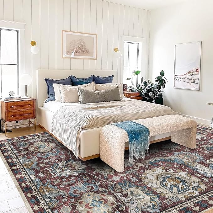 Washable Area Rugs - Perfect for Living Room, Bedroom, Kids Room, Nursery - Stain & Water Resistant Non-Slip, Pet & Child Friendly, Vintage Tribal Area Rugs (Rust and Blue, 8' x 10')