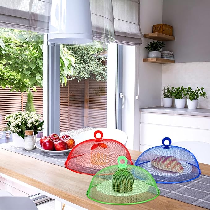Foaincore 8 Pcs Metal Mesh Food Covers Tent Umbrella 11 Inch Outside Mesh Food Net Tents Dome Screen Plate Covers for Outdoor Picnic Camping Keep out Flies Bugs Mosquitoes(Red, Green, Blue, Black)