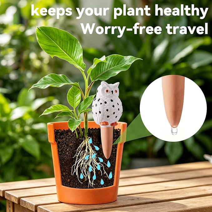 Yeswhat Self Watering Plant Spikes 4 Pack, Terracotta Owl Automatic Plant Waterer for Indoor Outdoor Plants, Slow Release Watering Stakes, Vacation Watering Devices for Potted Plants Garden Decor