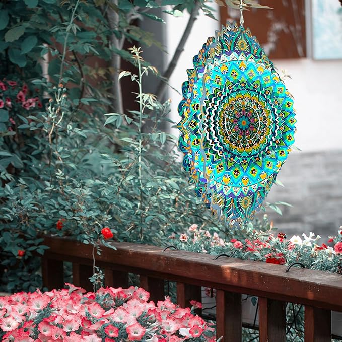 Wind Spinner Mandala Peacock Blue Ocean,12Inch Stainless Steel Wind Spinners Outdoor,Gifts for Women,Mother,Men,Father,Holidays,3D Kinetic Yard Art Decorations,Christmas Garden Decor