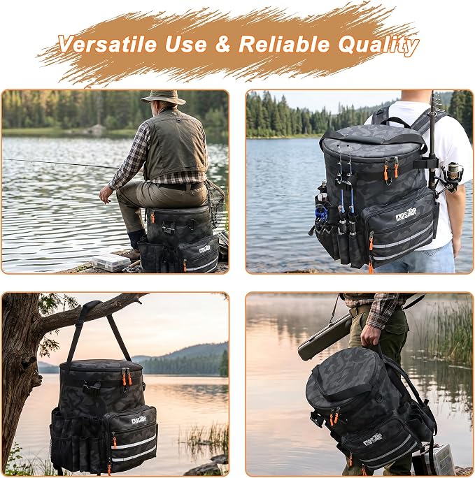 MDSTOP Fishing Bucket Backpack for 5 Gallon Bucket with Seat, Fishing Tackle Bag with Adjustable Buckle, Rod & Plier Holder and Multi-Pockets for Storage