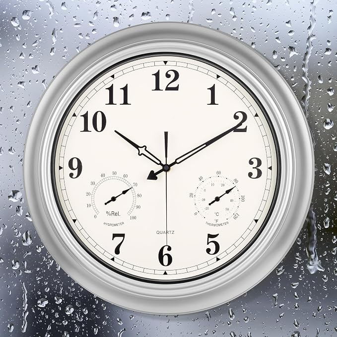 18 Inch Waterproof Outdoor Clock with Temperature and Humidity Combo - Battery Operated Wall Clock,Silent Large Easy to Read Outdoor Wall Clocks for Garage,Workshop,Cabin,Bathroom,Gazebo - Silver
