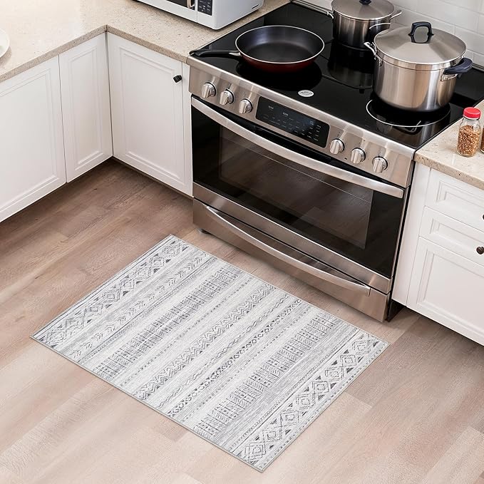 cotiled Washable 2x3 Entryway Rugs: Boho Moroccan Soft Small Rug | Solve Modern Neutral Trendy Home Decor - Low Pile Stain Resistant for Bathroom Entryway Kitchen Laundry Room Dark Grey