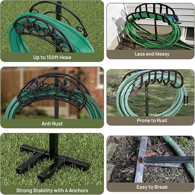 Winpull Garden Hose Holder Detachable, Heavy Duty Metal Water Hose Hanger Freestanding Hose Organizer Hose Holders for Outside (Black)
