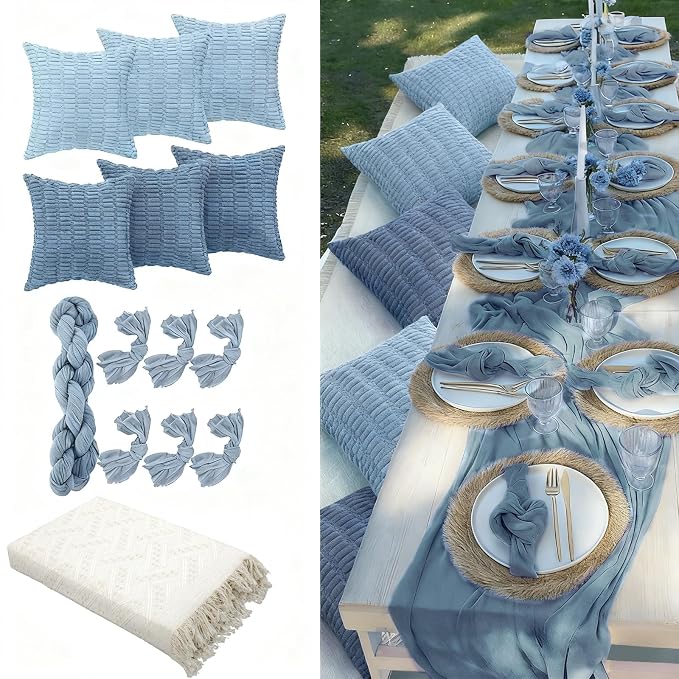 Beeveer 14 Pack Picnic Kit 91x71 Inch Extra Large Outdoor Boho Picnic Blanket with Gray Blue Table Runner, 6 Throw Pillow Cover 6 Napkin Woven Cotton Yarn Washable Beach Blanket for Camp Wedding Decor