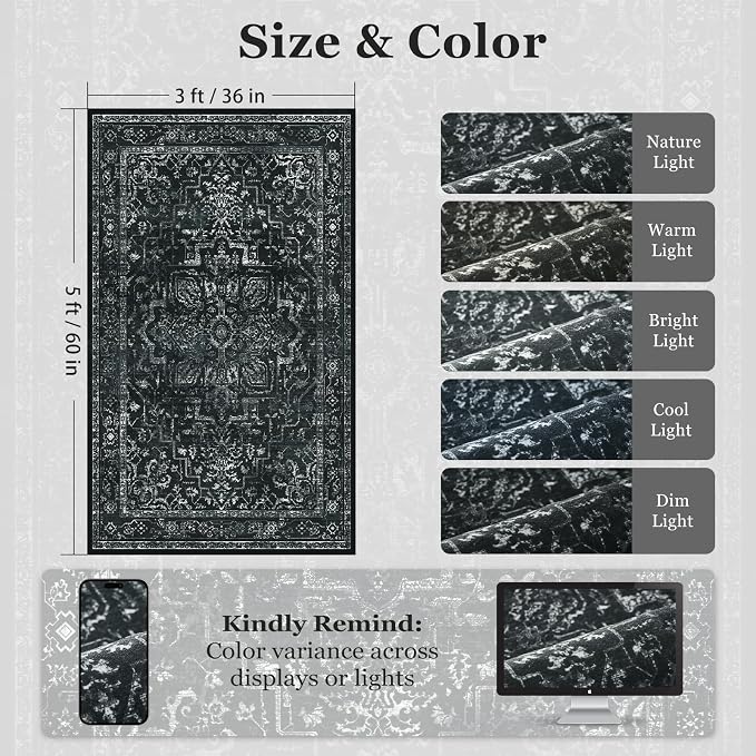 Black Distressed 3x5 Area Rugs for Entryway Foyer, Washable Non Slip Low Pile Throw Rugs for Kitchen, Dark Vintage Medallion Pinted Carpet for Bedroom/Bathroom/Closet/Dorm/Home Office