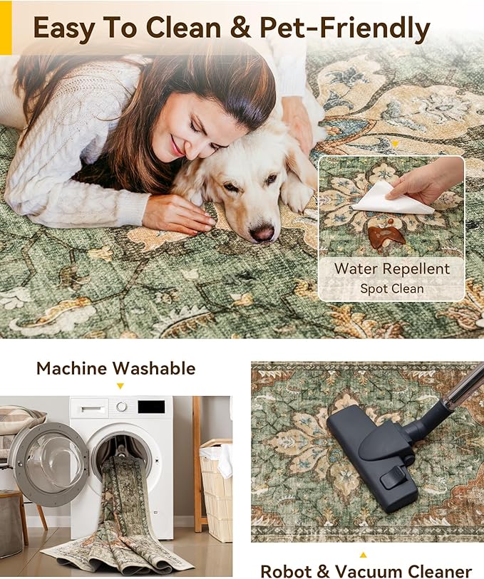 RELEANY Washable Area Rug, 8'x10', Brick/Brown/Green | Non-Slip, Water Repellent, Pet Friendly, Easy to Clean, Vintage Floral Boho Decor for Living Room Bedroom Dining Room