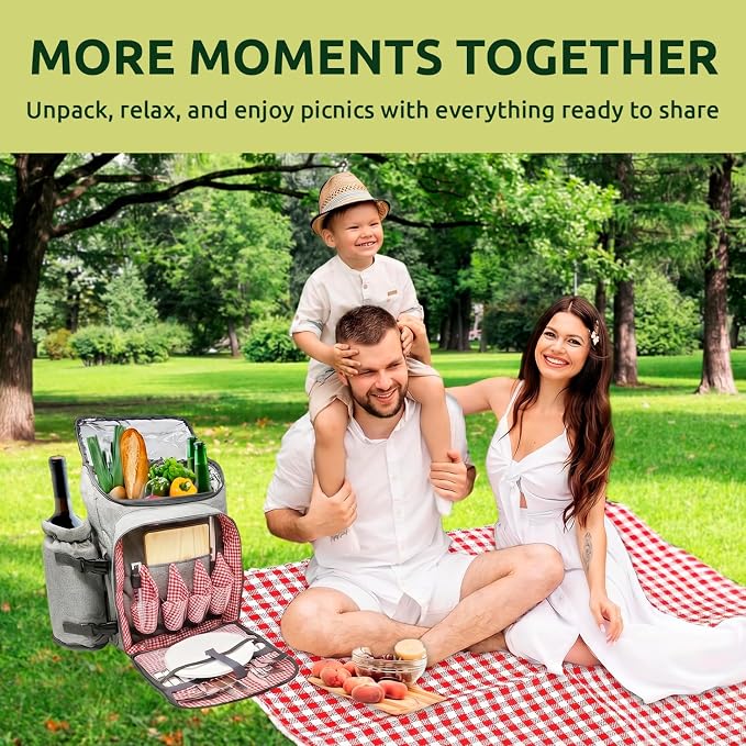 Nature Gear Picnic Backpack for 4, Insulated Picnic Set with Dinnerware, Wine Cooler, Blanket & Cutlery Service, Waterproof Outdoor Bag for Beach, Camping, Travel & Park, Red