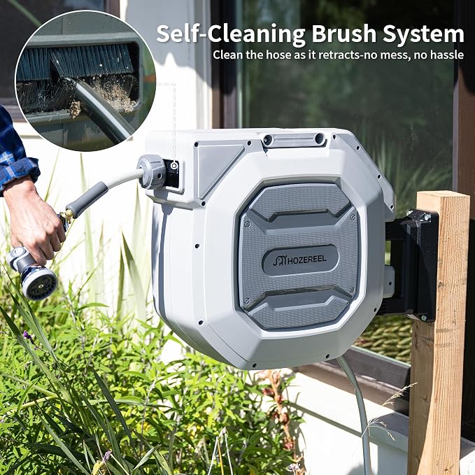 5/8" x 100 FT Retractable Garden Hose Reel,Outdoor Garden Hose Reels - Self Retract Wall Metal Mount Hose Reel Automatic Storage(Grey)