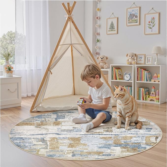 kakania Abstract 6x6 Round Rugs for Living Room: Circle Rugs 6FT Blue | Washable, Soft, Non-Slip, Low-Pile, Pet & Kid Friendly - Modern Home Decor Carpet for Bedroom/Dining Room/Nursery