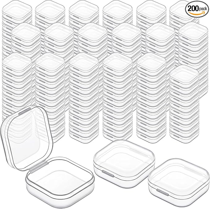 SATINIOR 200 Pcs Clear Plastic Beads Storage Containers Box Small Clear Boxes with Hinged Lid Plastic Arts Case Mini Square Crafts Storage Organizers for Small Items (1.37 × 1.37 × 0.7inch)